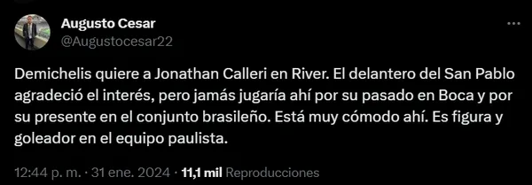 River quiere a Calleri pero para él es imposible.