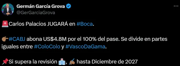 Germán García Grova reveló la cifra que pagó Boca por Carlos Palacios. (Captura).