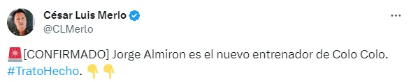 Jorge Almirón es el entrenador de Colo Colo. (Captura)