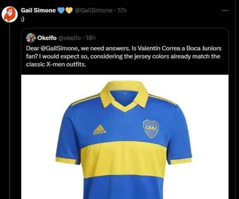 "Querida Gai Simone, necesitamos respuestas. Es Valentín Correa hincha de Boca. Espero que si, considerando que los colores de la remera coinciden con los clásicos trajes de X-Men".