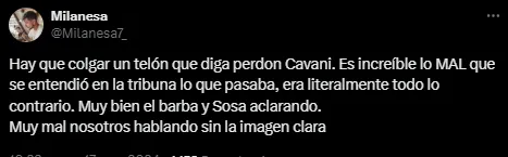 Los hinchas se disculparon con Cavani (Captura)