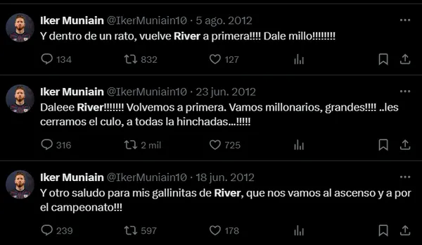 Los tuits de Iker Muniain sobre el descenso de River.