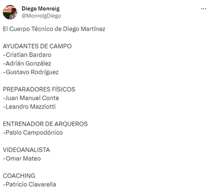 El cuerpo técnico de Diego Martínez. (Captura)