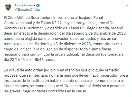 El comienzo del comunicado que lanzó Boca en sus redes sociales. (Captura)