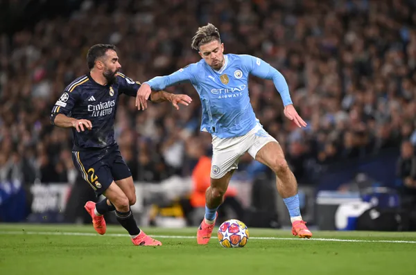 Carvajal y Grealish, en el Real Madrid-Manchester City. (Getty)
