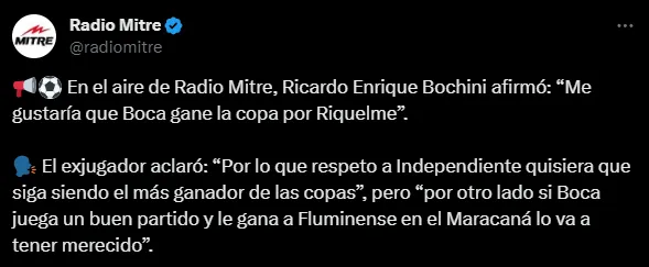 Los dichos de Ricardo Bochini en Radio Mitre. (Captura)