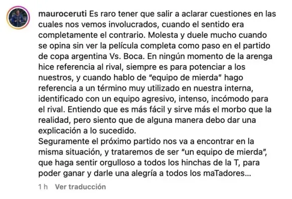 La publicación de Ceruti en Instagram