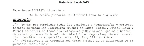La amnistía para sanciones leves de hasta cuatro partidos desuspensión (FOTO: Boletín 6409)