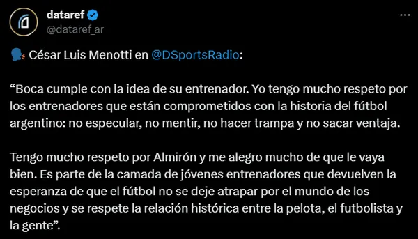 Las palabras de César Luis Menotti sobre Jorge Almirón. (Captura)