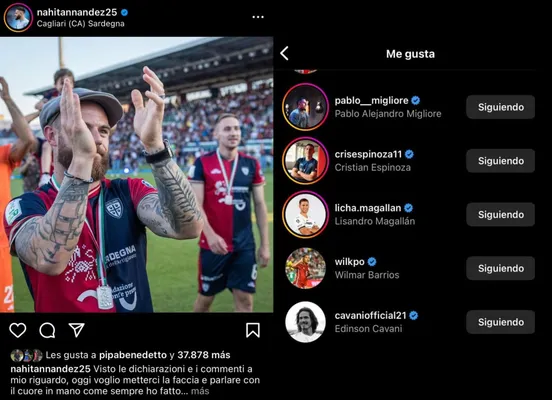 Los likes de Benedetto y Cavani a Nández.