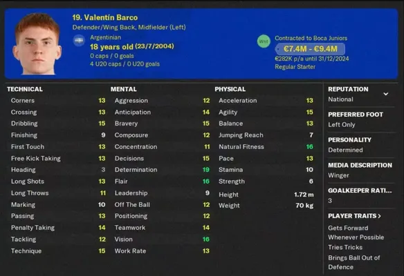 Valentín Barco en el Football Manager. (Captura de Infobae)