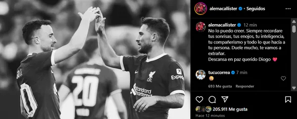 El posteo de Alexis Mac Allister para Diogo Jota. (Captura)