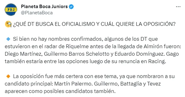 Los entrenadores que suenan para el oficialismo y la oposición. (Captura)