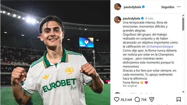 El posteo de Dybala en Instagram tras el final de la temporada. (Captura)