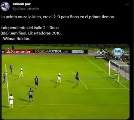 Gol no cobrado por Wilmar Roldán en 2016 contra Independiente del Valle.