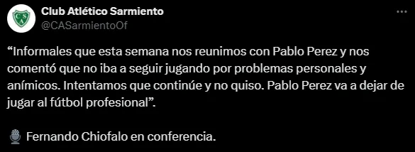 Pablo Pérez no seguirá jugando al fútbol. (Captura)