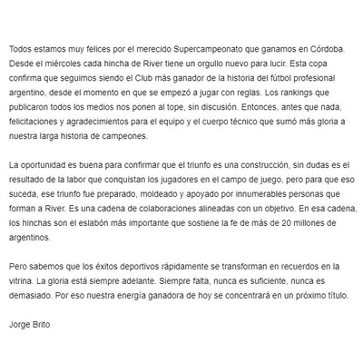 La llamativa e insólita carta de Brito para los hinchas de River.