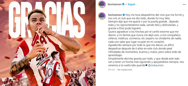La carta de despedida de Zenón para Unión. (Captura)