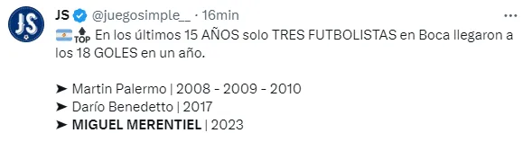 El logro de Merentiel en su primer año con Boca. (Captura)