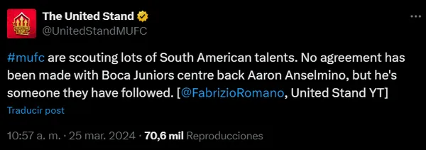 Manchester United sigue de cerca a Anselmino.