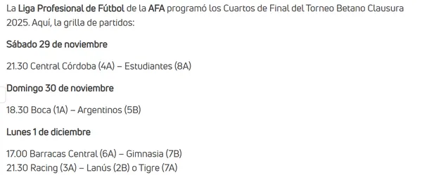 Horario confirmado de Boca vs. Argentinos. (Captura)