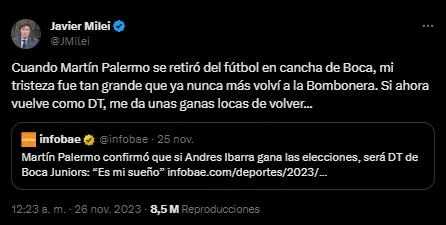 Milei dijo que podría volver a La Bombonera si Palermo es el DT.