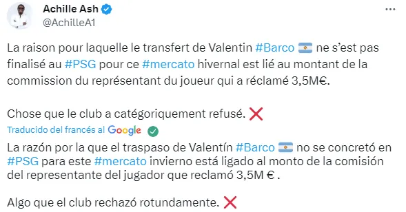 El PSG descartó comprar a Barco. (Captura)
