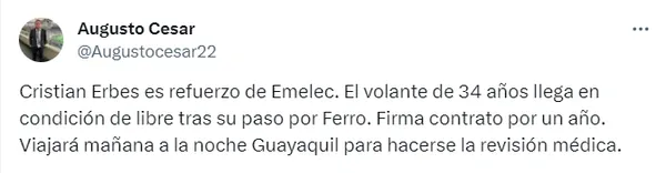 Erbes es refuerzo del Emelec de Ecuador. (Captura)