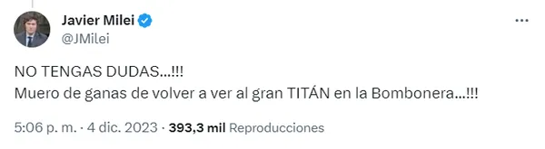 El posteo de Javier Milei en sus redes sociales.