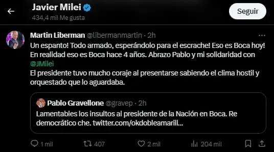 El like de Javier Milei. (Captura)