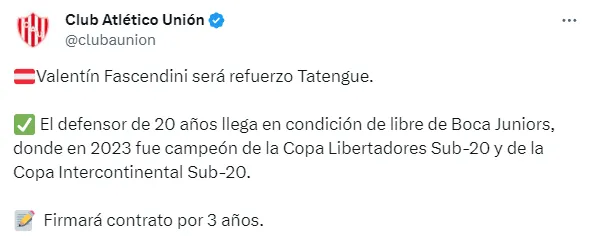 El contrato de Valentín Fascendini en Unión. (Captura)