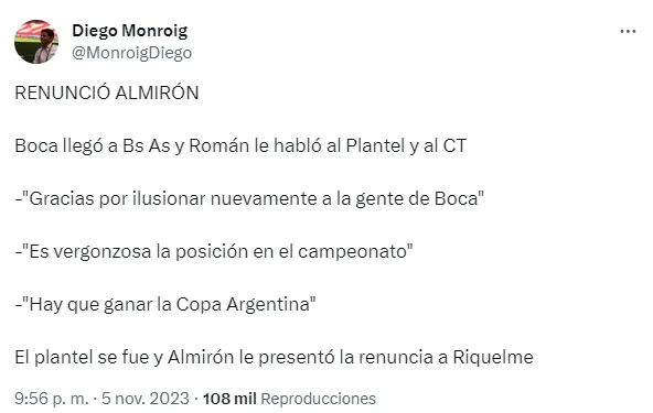 La charla de Juan Román Riquelme con los jugadores. (Captura)