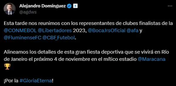 El posteo de Alejandro Domínguez en su cuenta de Twitter. (Captura)