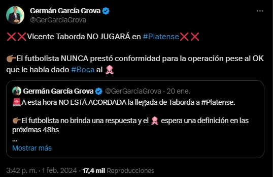 Taborda rechazó la oferta para volver a Platense.