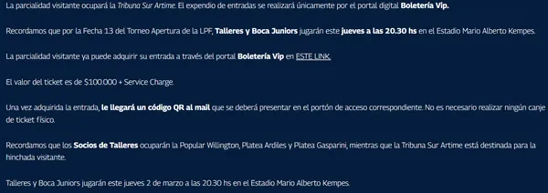 Los hinchas de Boca deberán pagar 100.000 pesos la entrada ante Talleres. (Talleres Oficial)
