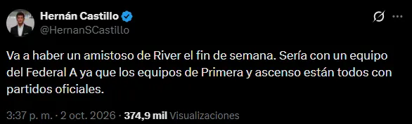 River jugará contra un equipo del Federal A.