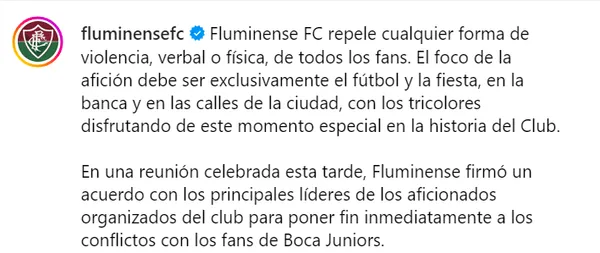 El comunicado de Fluminense. (Captura)