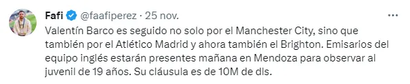 Los clubes que quieren comprar a Valentín Barco. (Captura)
