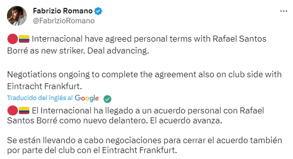 Rafael Santos Borré podría llegar al Inter de Porto Alegre. (Captura)