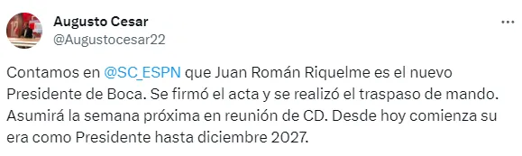 Juan Román Riquelme es el nuevo presidente de Boca. (Captura)