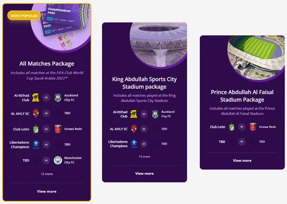 Las opciones de paquetes de entradas para el Mundial de Clubes de Arabia Saudita 2023 que brinda la FIFA en su sitio web oficial.