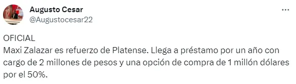 Maximiliano Zalazar podría quedarse en Platense. (Captura)