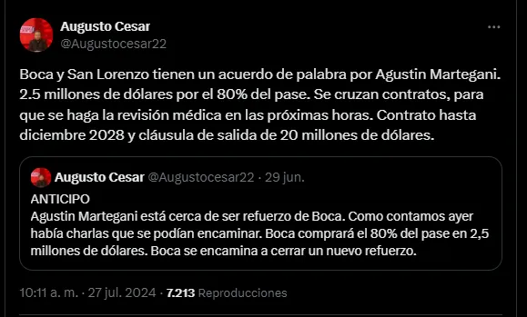 El acuerdo de Boca con Martegani y San Lorenzo. 
