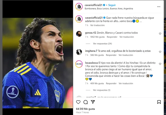 El posteo de Cavani ni bien terminó el partido.