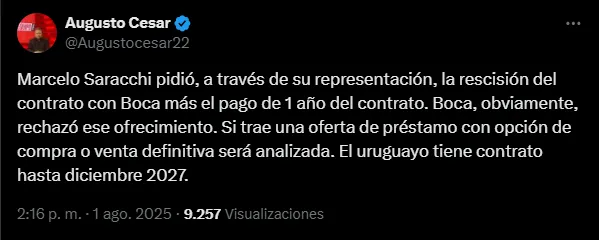 Marcelo Saracchi quiere rescindir contrato, pero Boca le dijo que 'no'. 