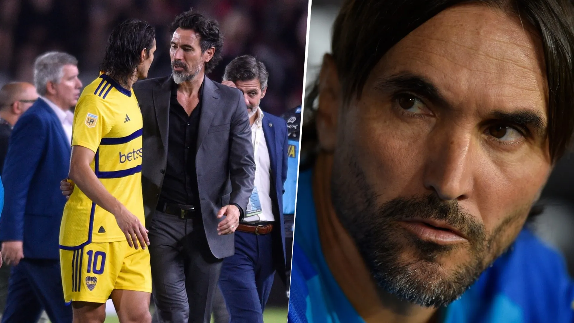 Edinson Cavani junto a Eduardo Domínguez y Diego Martínez, DT de Boca