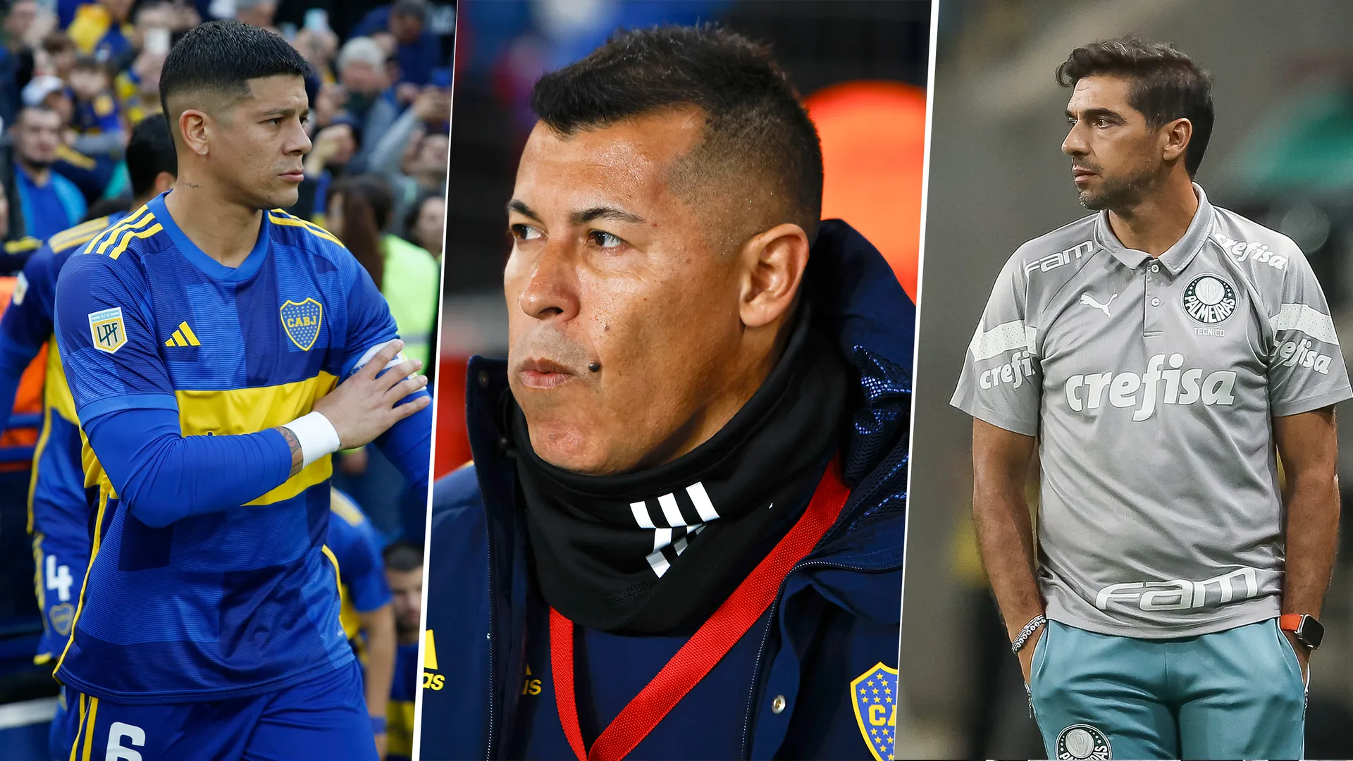 Marcos Rojo, Jorge Almirón y Abel Ferreira