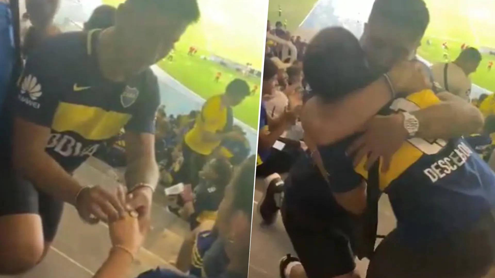 Nicolás pidiendole casamiento a Sofía durante Boca vs. Talleres