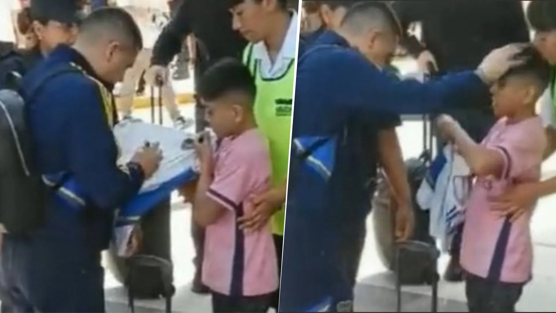 Juan Román Riquelme junto a un niño en Mendoza