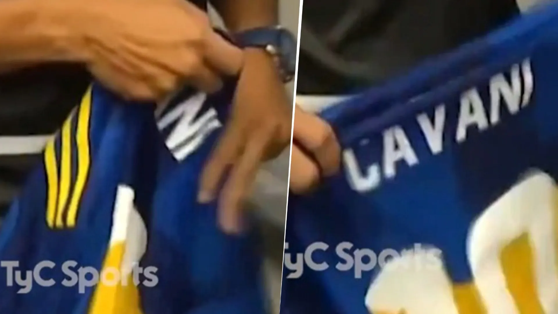 Emmanuel Giménez con la camiseta de Edinson Cavani